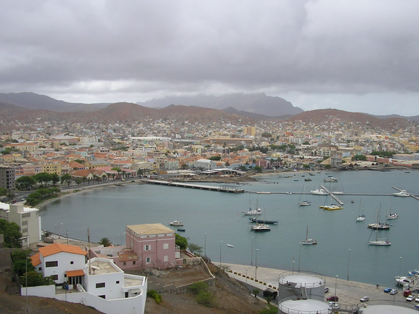 View over Mindelo bay and the town from the hills above, the panorama M. Sunset sits in