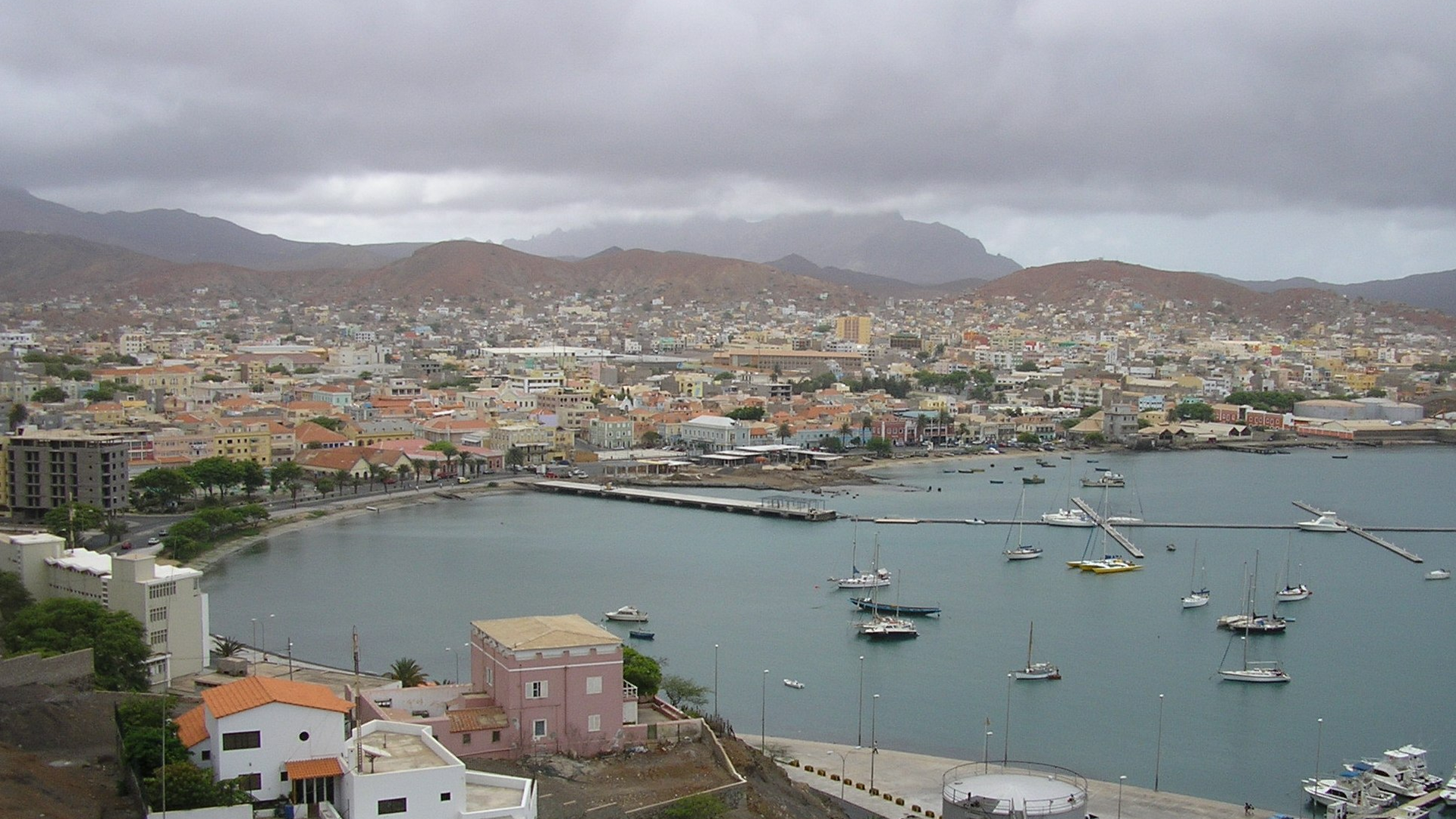 View over Mindelo bay and the town from the hills above, the panorama M. Sunset sits in