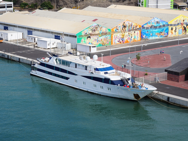 The vessel Harmony V moored at the cruise terminal in Mindelo.