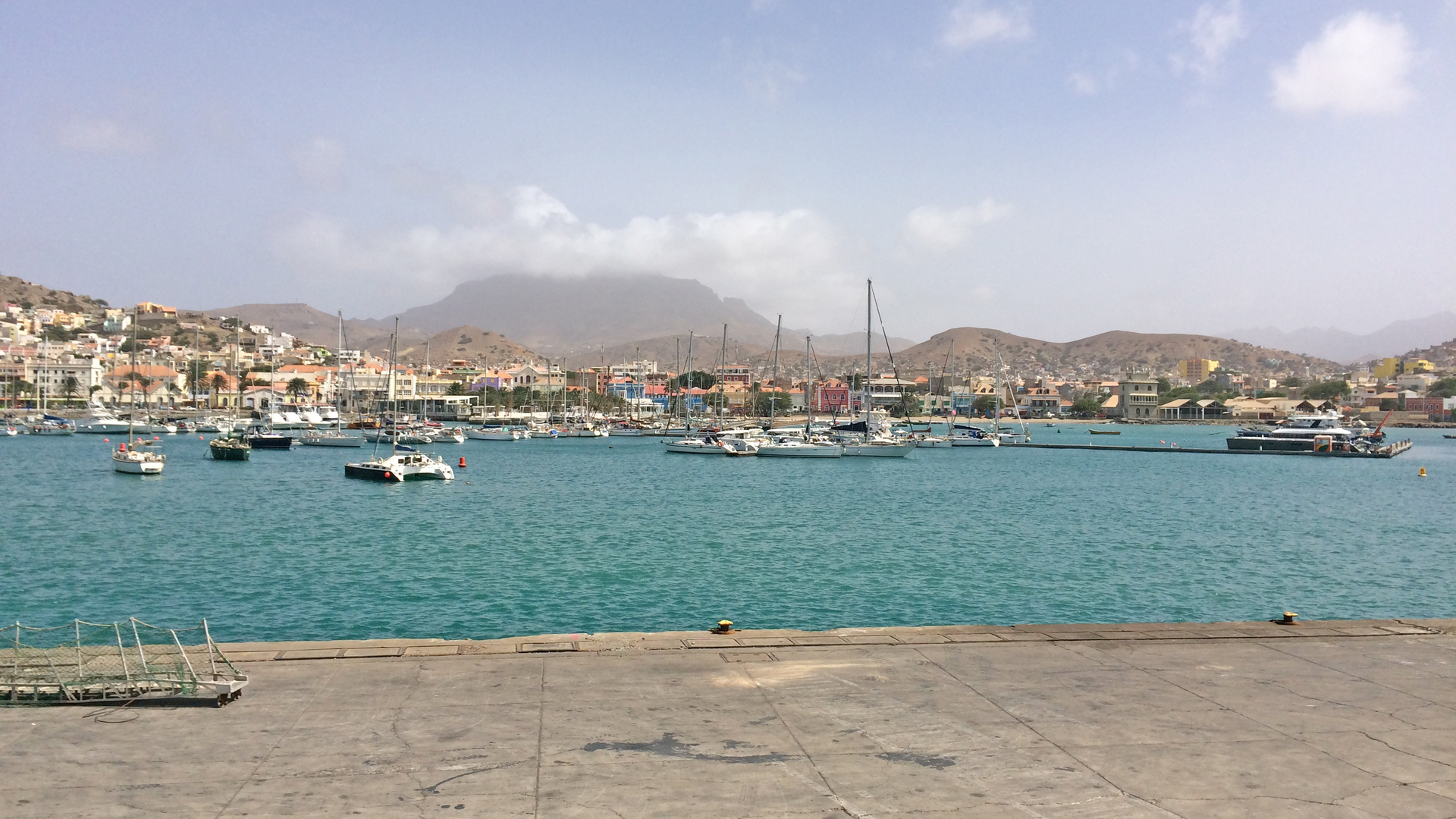 Panoramic view across Porto Grande harbour in Mindelo.