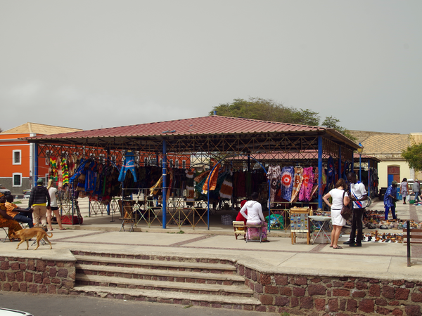 Street-level view of Praça Estrela in Mindelo.